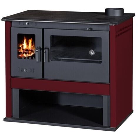 Holzherd V05 Viki Lux – 10,5 kW – Metallplatte oben, bordeauxfarbene Seitenwände und funktionales Design – Energieklasse A