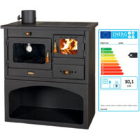 Holzofen Prity 1P34 mit Backfach – 10,1 kW – Graphitschwarz – Energieklasse A – Mit Metall-Kochplatte, Rauchrohr seitlich links