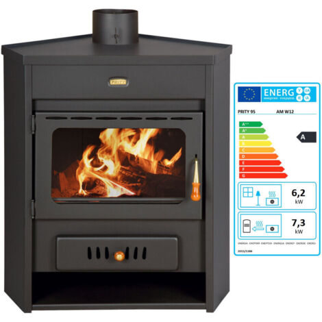 Termoestufa de leña esquinera Prity AM W12 – 13,5 kW, Negro Grafito, Clase A, Caldera Integrada de 7 L