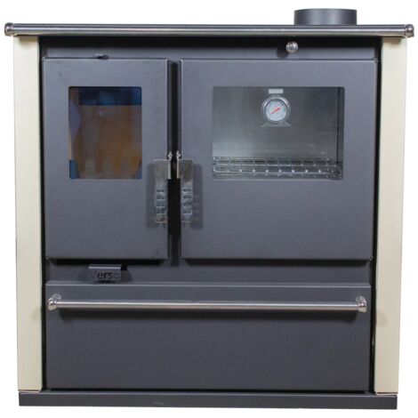 Cocina de leña Verso CS Plus - 7,7 kW  Placa superior metálica, horno de acero inoxidable y paneles laterales color marfil