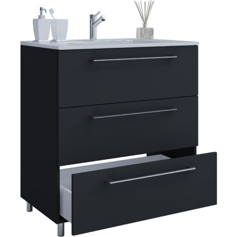 Ebuy24 – Meuble avec vasque simple noir – Armoire basse 60 cm avec 3 tiroirs – Design moderne et élégant pour salle de bain