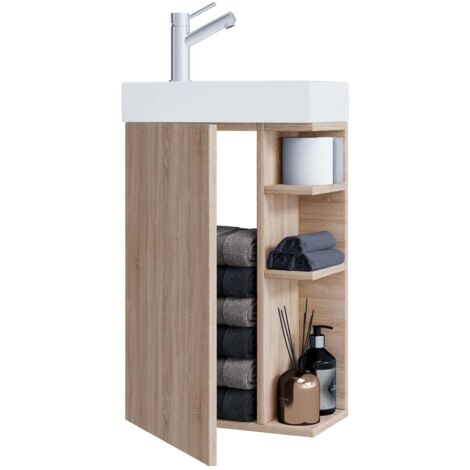 Ebuy24 – Meuble lavabo simple 70x40x22 cm – Armoire avec lavabo en céramique – Compartiments ouverts et porte tournante – Pour salle de bain moderne (1/5)