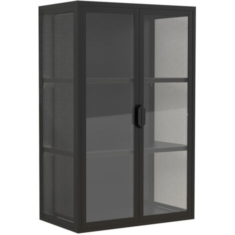 Ebuy24 – Vitrine murale Flokas 95 cm – Acier et verre – Portes à rotation longue – 2 plateaux spécialisés – Meuble d'exposition élégant