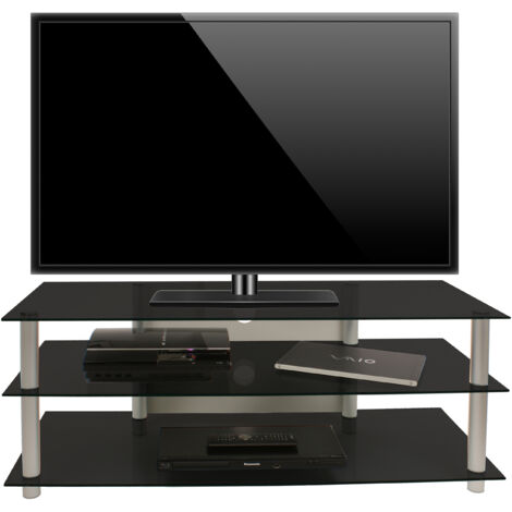 Ebuy24 – Meuble TV en aluminium et verre de sécurité ESG – Dimensions H. 45 x L. 112 x P. 40 cm – Design contemporain avec guide de câble (1/2)
