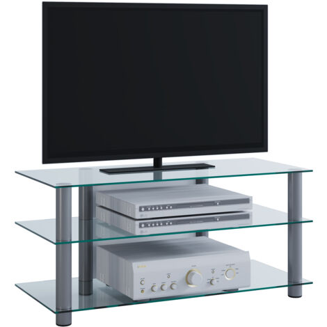 Netasa Meuble TV avec 3 étagères en verre argenté, verre transparent.