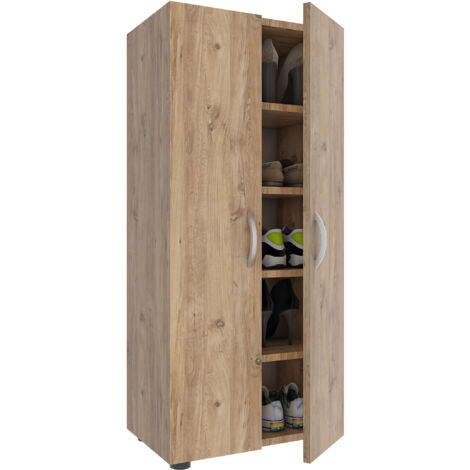 Gabinete de zapatos de madera VCM Dimensiones: AL. 108 x AN. 49 x P. 30 cm Armario multiusos 5 compartimentos 2 puertas giratorias – Ulas (roble de miel)