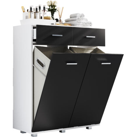 Gabinete de ropa de madera VCM Resto de lavandería Caja de lavandería Cesta de lavandería Dimensiones aprox. H 97 x 79 x 35 cm. - Zalo L (Blanco / Negro)