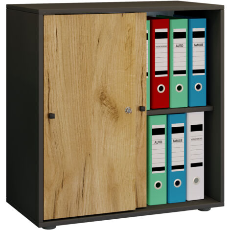 Armario de oficina VCM con 2 compartimentos Armario de archivo moderno con puertas correderas Dimensiones aprox. AN. 70 x AL. 73 x T. 37 cm – Compartimento Lona 2 (antracita / roble de miel)