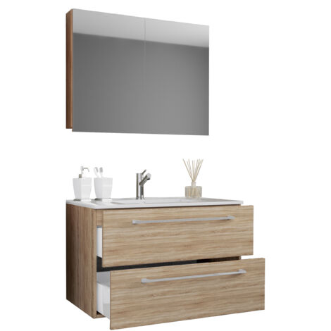 VCM 3 pz Lavabo lavabo lavabo larghezza armadio inferiore 80 cm Mobili bagno con cassetti Porte rotanti Mobile specchio Badinos (Sonoma rovere) (1/2)