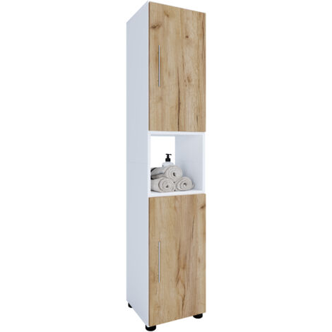 Mobile Sovralavatrice VCM Jutas In Legno | Colonna 64x190x25 Cm Con 2 Ante E Ripiani, Per Bagno O Lavanderia, Rovere Bianco/Miele - 4