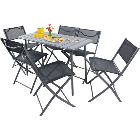 Set mobili da giardino VCM 7 pz Gruppo da pranzo di gruppo 1xTavolo, 6x Sedie Tavolo Dimensioni ca. A. 72 x L. 110 x P. 55 cm Barra pieghevole Set da giardino - Sumila (Nero) (1/3)