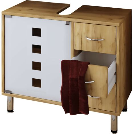 Mobile lavabo in legno VCM  Mobile bagno  Dimensioni: A. 58 x L. 67 x T. 30 cm  1 porta in vetro di sicurezza ESG  3 cassetti  mobili da bagno moderni - Darola (rovere miele)