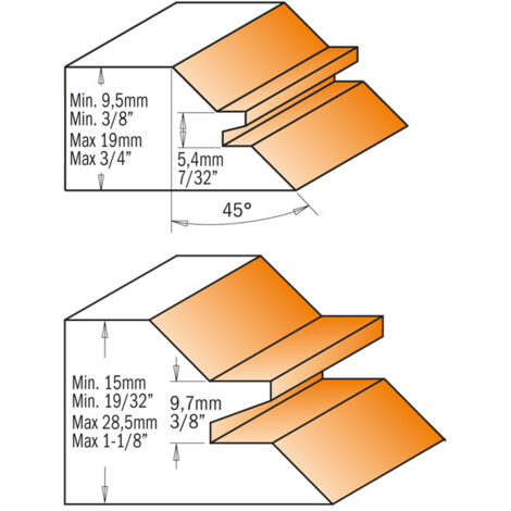 CMT – Fraise pour assemblage à onglet 45° – Tranchants carbure micrograin – Pour joints à 90° – Usinage de 9,5 à 28,5 mm