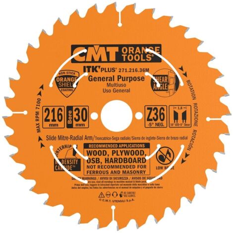 CMT – Lame de scie circulaire 216mm – Alésage 30mm – 36 dents – Acier haute qualité pour bois tendre et dur – Réduction des vibrations
