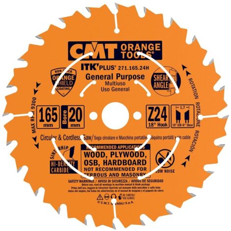 CMT – Lame de scie circulaire 165mm – Alésage 20mm – 24 dents – Ultra-ITK pour bois dur – Coupe nette sans éclat