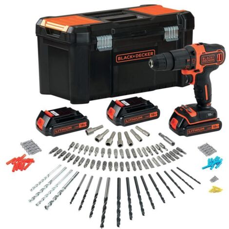 BLACK+DECKER BDCHD181B3A Perceuse-visseuse à percussion sans fil 18V avec 3 batteries 1,5Ah, 120 accessoires coffret (1/2)