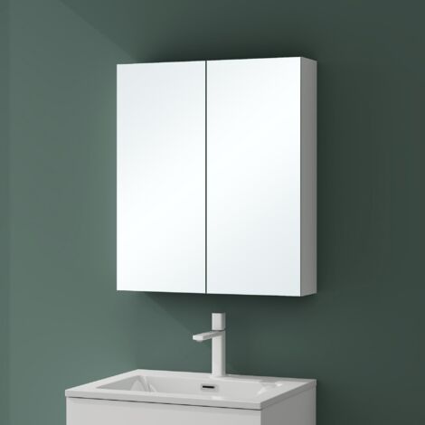 Mai & Mai Armoire Suspendue de Salle de Bain avec Miroir Armoire de Toilette Meuble Murale Miroir avec 2 Portes 60x15x70 cm Blanc Mat SpiegelSR-02
