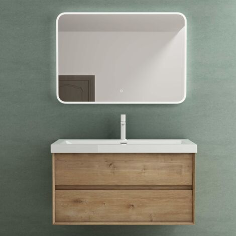 Mai & Mai Meuble de Salle de Bain Marron Clair avec Lavabo et Miroir Meuble sous Vasque 100x48x55cm Meuble Suspendu avec 2 Tiroirs Rimo (1/5)