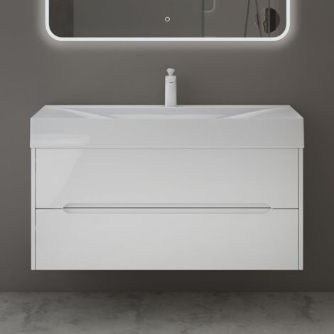 Mai & Mai Meuble de Salle de Bain Suspendu 100x56x48cm avec 2 Tiroirs et Lavabo Meuble Sous Lavabo Blanc Yoga-Lackier (1/5)