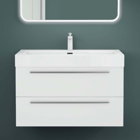 Mai & Mai Meuble de Salle de Bain Blanc Mat 90cm Meuble sous Vasque Quadratto Meuble Suspendu avec Vasque (1/5)
