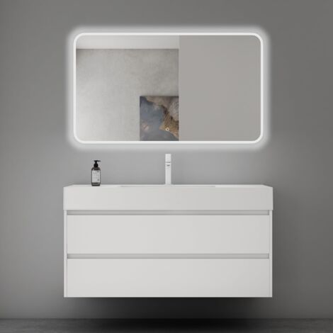 Mai & Mai Meuble de Salle de Bain Blanc Mat avec Lavabo et Miroir Meuble sous Vasque 120x48x63cm Meuble Suspendu avec 2 Tiroirs (1/5)