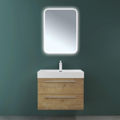 Mai & Mai Meuble de Salle de Bain Marron Clair 73cm Meuble sous Vasque Quadratto Meuble Suspendu avec Vasque et Miroir