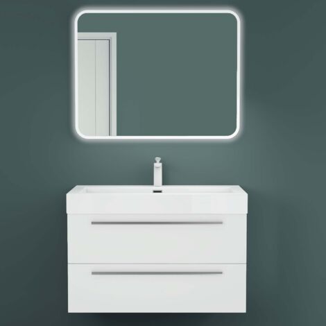 Mai & Mai Meuble de Salle de Bain Blanc Mat 90cm Meuble sous Vasque Quadratto Meuble Suspendu avec Vasque et Miroir