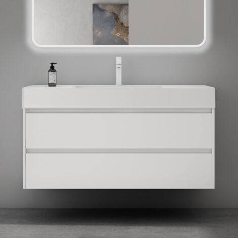 Mai & Mai Meuble de Salle de Bain Blanc Mat avec Lavabo Meuble sous Vasque 120x48x63cm Meuble Suspendu avec 2 Tiroirs (1/5)