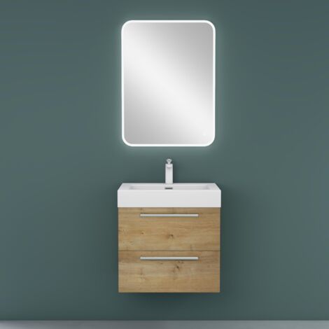 Mai & Mai Meuble de Salle de Bain Marron Clair 60cm Meuble sous Vasque Quadratto Meuble Suspendu avec Vasque et Miroir