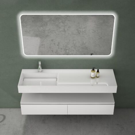 Mai ＆ Mai Meuble de Salle de Bain Blanc Mat Ensemble de 3 Pièces Meuble avec Lavabo 150cm et LED Miroir Design Up avec 2 Grands Tiroirs