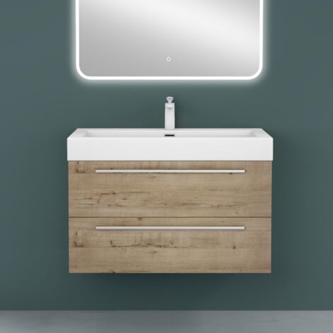 Mai & Mai Meuble de Salle de Bain Chêne Clair 90cm Meuble sous Vasque Quadratto Meuble Suspendu avec Vasque (1/5)