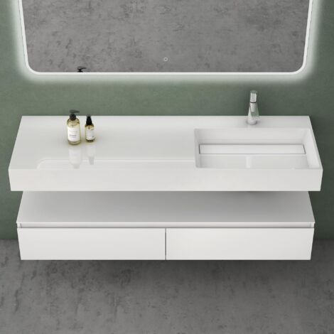 Mai & Mai Meuble de Salle de Bain Blanc Mat avec Lavabo Meuble sous Vasque 150x48x25cm Meuble Suspendu avec 2 Tiroirs