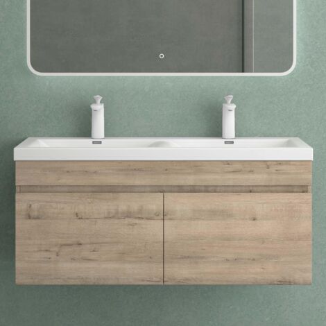 Mai & Mai Meuble de Salle de Bain Chêne Blanc Clair avec Lavabo Meuble sous Vasque 120x48x55cm Meuble Suspendu avec 2 Tiroirs (1/5)