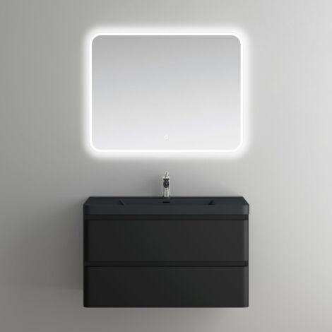 Mai & Mai Meuble de Salle de Bain Suspendu 90x48x55cm avec 2 Tiroirs et Lavabo et Miroir Meuble Sous Lavabo Noir Mat Lucca