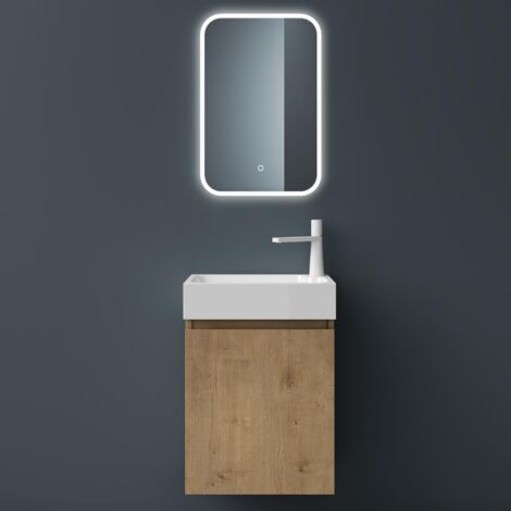 Mai & Mai Ensemble de Meuble de Salle de Bain Meuble sous Lavabo Suspendu Marron Clair 46x26x63cm avec Vasque et Miroir LED PS02