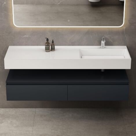 Mai & Mai – Meuble de salle de bain suspendu gris-noir mat avec lavabo en résine – 2 tiroirs softclose – Dimensions 150x48x25 cm – Panneau mélaminé étanche