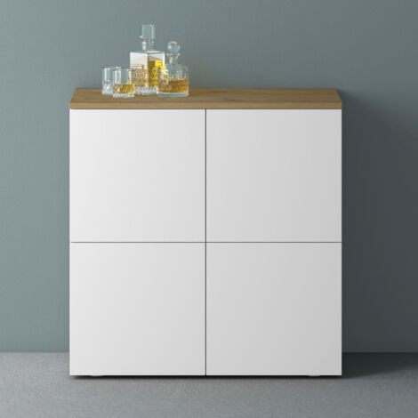 Mai & Mai Meuble de Rangement avec 4 Portes et 4 Compartiments Casier de Rangement Polyvalent Buffet Marron Clair + Blanc Mat 76x36,4x74 cm SR04