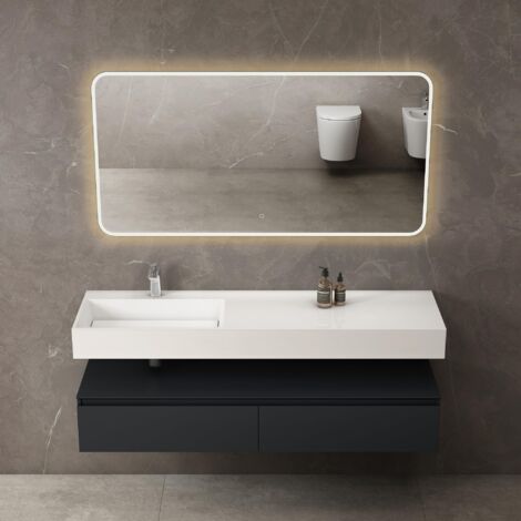 Mai & Mai – Ensemble de meubles de salle de bain 3 pièces – Lavabo 150cm en résine – Miroir LED 140x70cm – Bois mélaminé imperméable avec 2 tiroirs