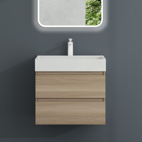 Mai & Mai Meuble Sous Lavabo Chêne Clair Meubles de Salle de Bain 60x38x56cm Meuble Suspendu avec 2 Tiroirs + Lavabo + Bonde Verona (1/5)