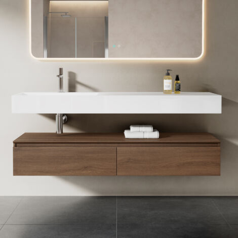 Mai & Mai Meuble de Salle de Bain Marron Ensemble de 2 Pièces Meuble avec Lavabo 150cm Meuble avec 2 Grands Tiroirs (1/5)
