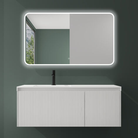 Mai & Mai – Ensemble de meubles de salle de bain 120 cm – Meuble sous vasque blanc avec tiroirs soft-close – Lavabo en résine et miroir inclus