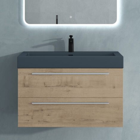 Mai & Mai Meuble de Salle de Bain Chêne Clair 90cm Meuble sous Vasque Quadratto Meuble Suspendu avec Vasque (1/5)