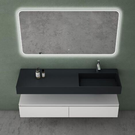 Mai ＆ Mai Meuble de Salle de Bain Blanc Mat Ensemble de 3 Pièces Meuble avec Lavabo 150cm et LED Miroir Design Up avec 2 Grands Tiroirs