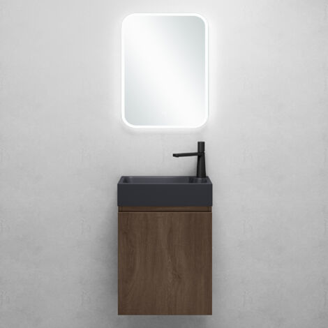 Mai & Mai Ensemble de Meuble de Salle de Bain Meuble sous Lavabo Suspendu Chêne 46x26x63cm avec Vasque Anthracite Mat et Miroir LED PS02 (1/5)
