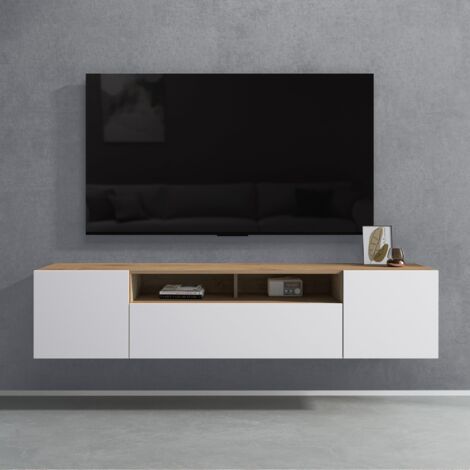 Mai & Mai Meuble TV Suspendue Armoire 3 Portes avec Soft-Close Table TV pour le Salon Marron Clair+Blanc Mat 180x34,4x39 cm FernsehSR03 (1/5)