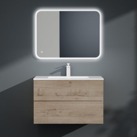 Mai & Mai Meuble sous Lavabo Chêne Blanc Clair Ensemble de Meubles de Salle de Bains 80x48x50cm Meuble Suspendu avec 2 Tiroirs Desgin Aqu (1/5)
