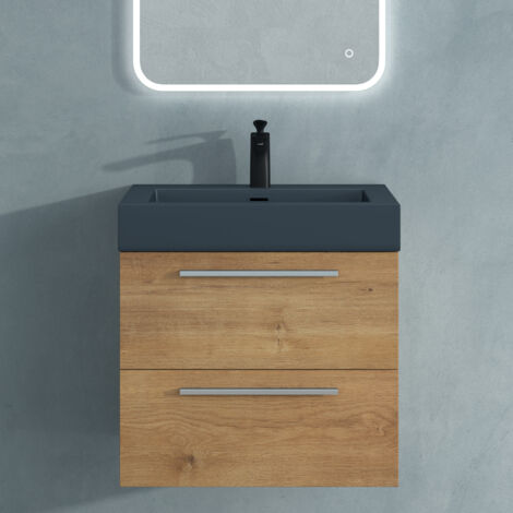 Mai & Mai Meuble de Salle de Bain Marron Clair 60cm Meuble sous Vasque Quadratto Meuble Suspendu avec Vasque (1/5)