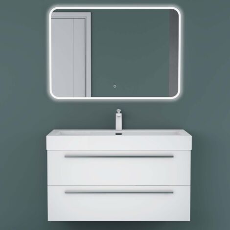 Mai & Mai Meuble de Salle de Bain Blanc Mat 100cm Meuble sous Vasque Quadratto Meuble Suspendu avec Vasque et Miroir