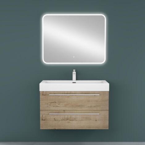 Mai & Mai Meuble de Salle de Bain Chêne Clair 90cm Meuble sous Vasque Quadratto Meuble Suspendu avec Vasque et Miroir