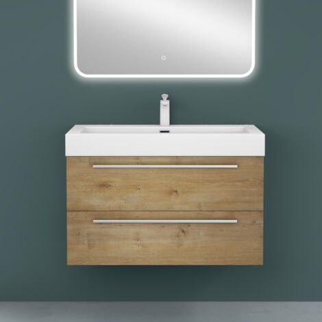 Mai & Mai Meuble de Salle de Bain Marron Clair 90cm Meuble sous Vasque Quadratto Meuble Suspendu avec Vasque